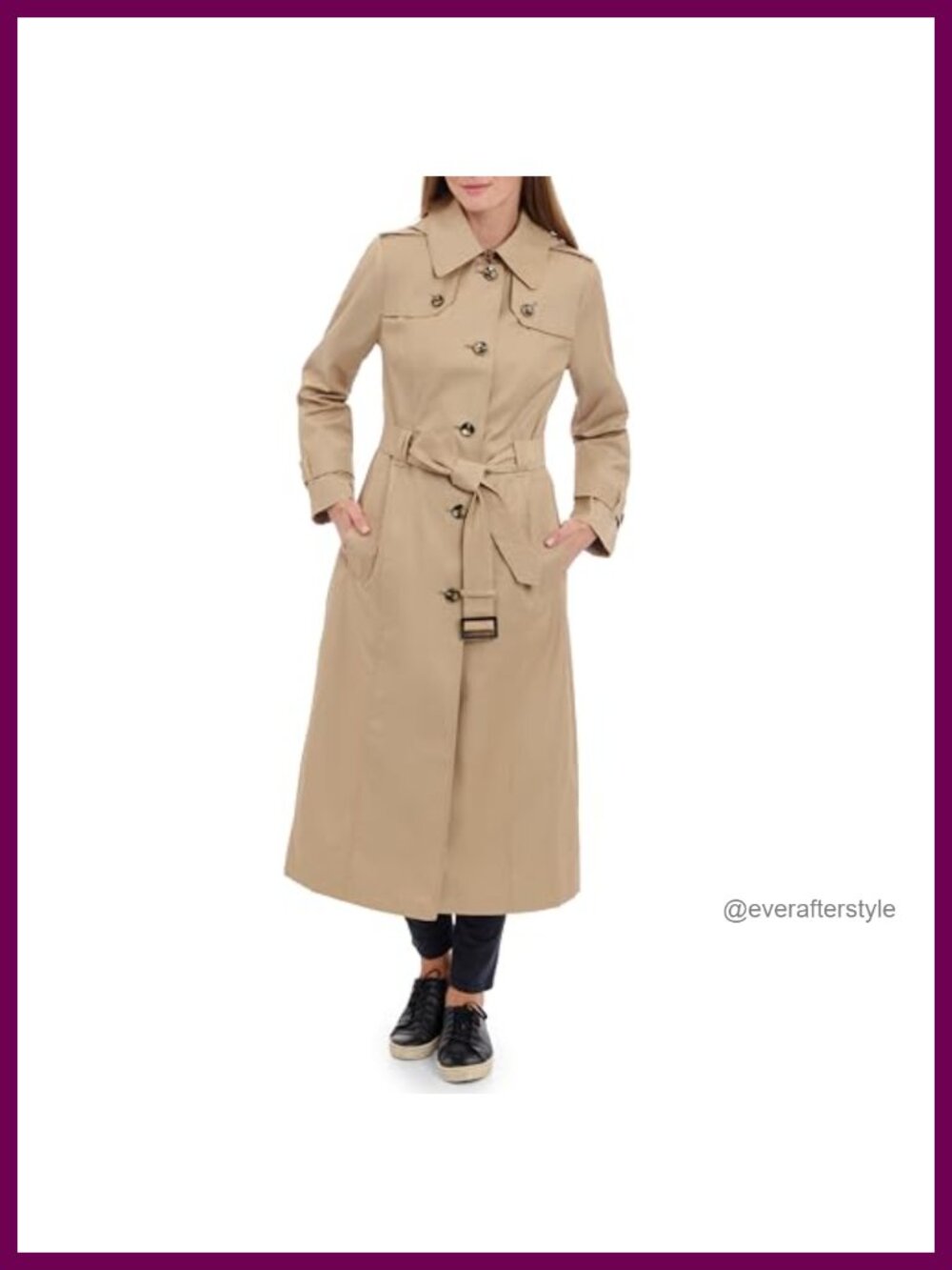 Single Breasted Long Trench Coat with Belt & Epaulettes, Water Resistant